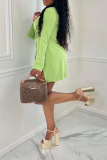 Green Casual Solid Slit Turndown Collar Shirt Dress Dresses