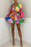 Pink Fashion Sexy Print Patchwork Turndown Collar Long Sleeve Two Pieces