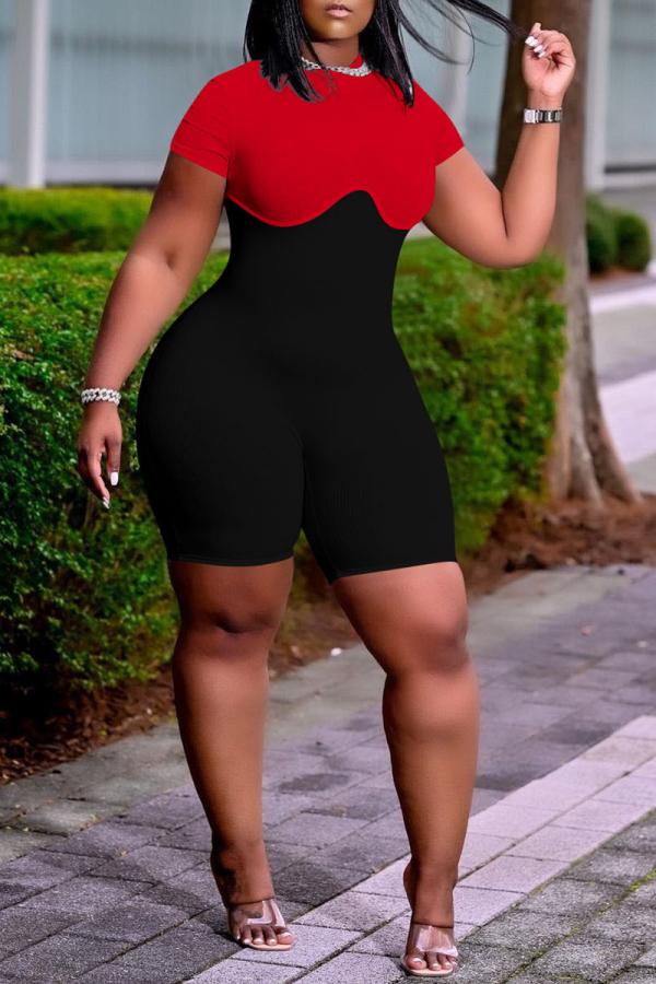 Red Sexy Print Patchwork O Neck Skinny Rompers