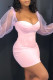 Pink Fashion Sexy Solid Patchwork See-through Square Collar Long Sleeve Dresses