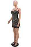 Apricot Fashion Sexy Patchwork Hot Drilling Backless Spaghetti Strap Sleeveless Dress
