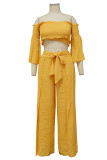 Yellow Sexy Casual Solid Patchwork Backless Off the Shoulder Long Sleeve Two Pieces