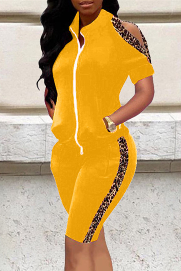 Yellow Fashion Casual Patchwork Hollowed Out Zipper Collar Two Pieces