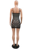 Apricot Fashion Sexy Patchwork Hot Drilling Backless Spaghetti Strap Sleeveless Dress