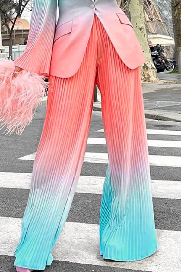 Blue Fashion Gradual Change Print Patchwork Fold Straight Wide Leg Positioning Print Bottoms