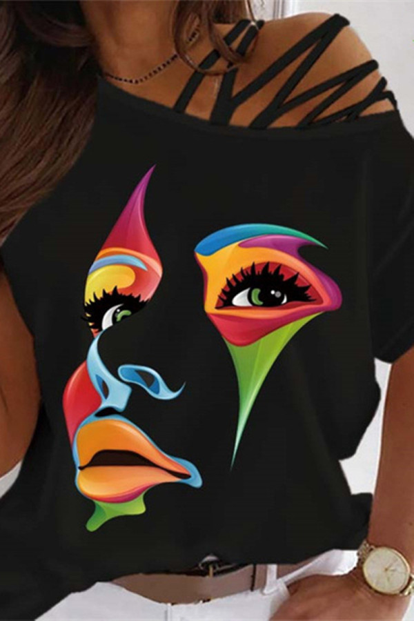 Colour Fashion Casual Print Basic Oblique Collar T-Shirts