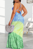 Turquoise Sexy Print Patchwork Spaghetti Strap Straight Dresses