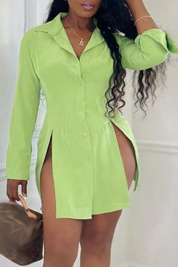 Green Casual Solid Slit Turndown Collar Shirt Dress Dresses