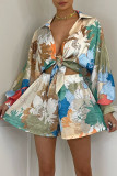 Cream White Fashion Sexy Print Patchwork Turndown Collar Long Sleeve Two Pieces