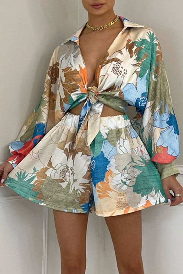 Cream White Fashion Sexy Print Patchwork Turndown Collar Long Sleeve Two Pieces