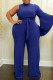 Blue Fashion Casual Solid Asymmetrical Turtleneck Plus Size Jumpsuits