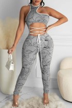 Grey Fashion Sexy Print Hollowed Out Backless O Neck Skinny Jumpsuits