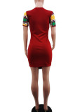 Red Fashion Patchwork Print Buttons Asymmetrical Contrast O Neck A Line Dresses