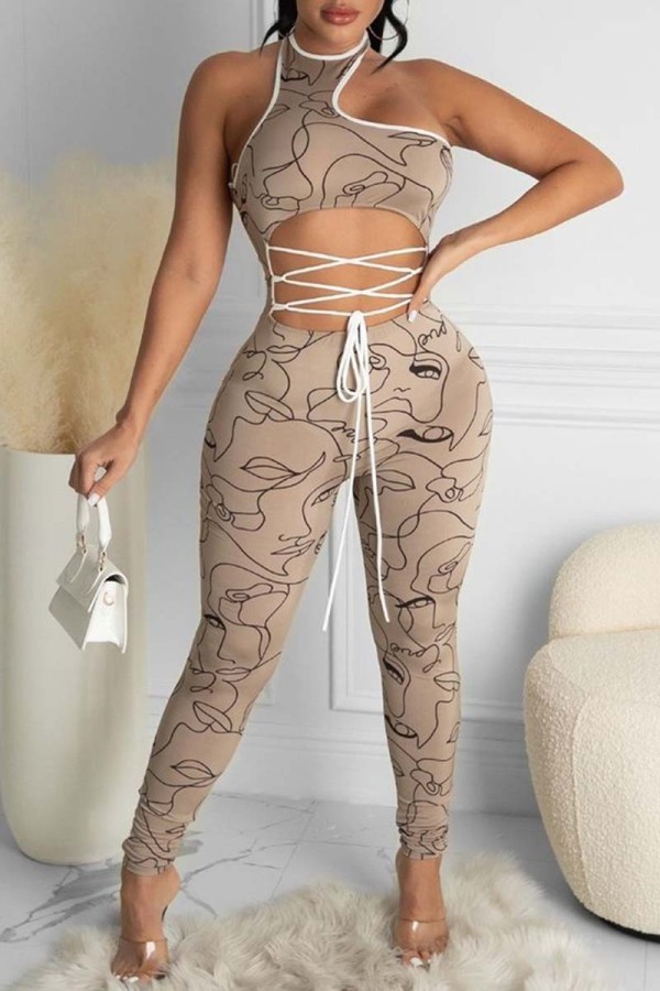 Khaki Fashion Sexy Print Hollowed Out Backless O Neck Skinny Jumpsuits