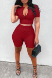 Burgundy Casual Solid Patchwork O Neck Short Sleeve Two Pieces