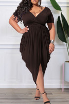 Dark Coffee Casual Solid Patchwork Fold Asymmetrical V Neck Plus Size Dresses(Without Belt)