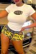Yellow White Fashion Street Print Patchwork O Neck Short Sleeve Two Pieces