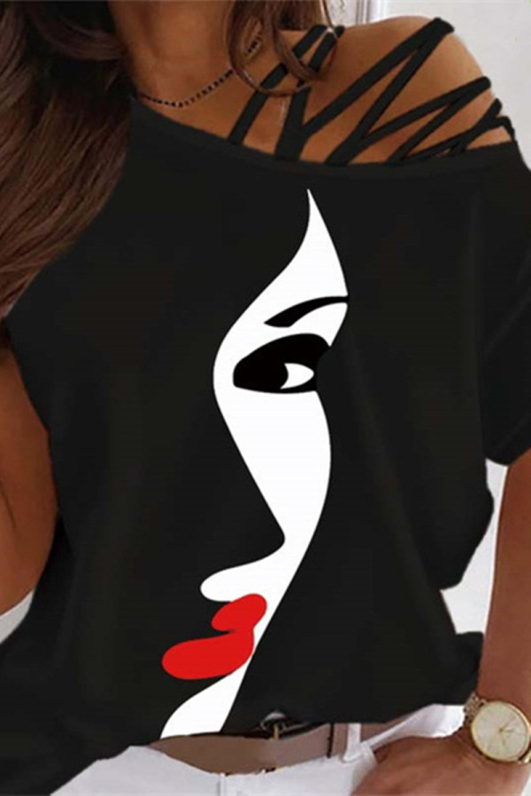 Black Fashion Casual Print Basic Oblique Collar T-Shirts
