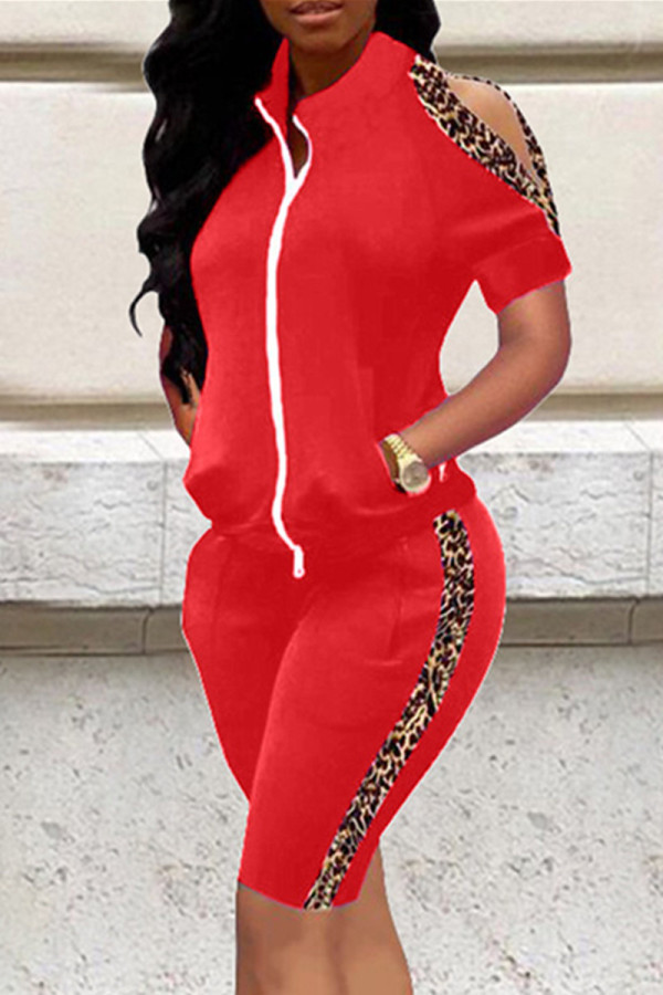 Red Fashion Casual Patchwork Hollowed Out Zipper Collar Two Pieces