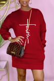 Red Casual Print Patchwork O Neck Straight Dresses