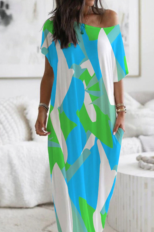 Green Casual Print Patchwork O Neck Straight Dresses