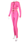 Rose Red Street Patchwork Bandage O Neck Long Sleeve Two Pieces