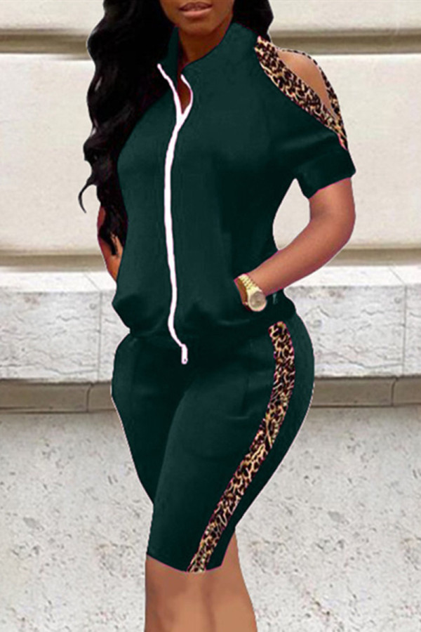 Ink Green Fashion Casual Patchwork Hollowed Out Zipper Collar Two Pieces