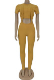 Yellow Fashion adult OL Patchwork Solid Two Piece Suits crop top pencil Short Sleeve Two Pieces