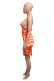 Orange Fashion adult Street Red Black Orange Yellow Cyan Off The Shoulder Sleeveless O neck Step Skirt Mini Striped Print Patchwork bandage backless Dresses