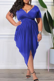 Ginger Casual Solid Patchwork Fold Asymmetrical V Neck Plus Size Dresses(Without Belt)