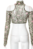 Green Sexy Print Patchwork Half A Turtleneck Tops