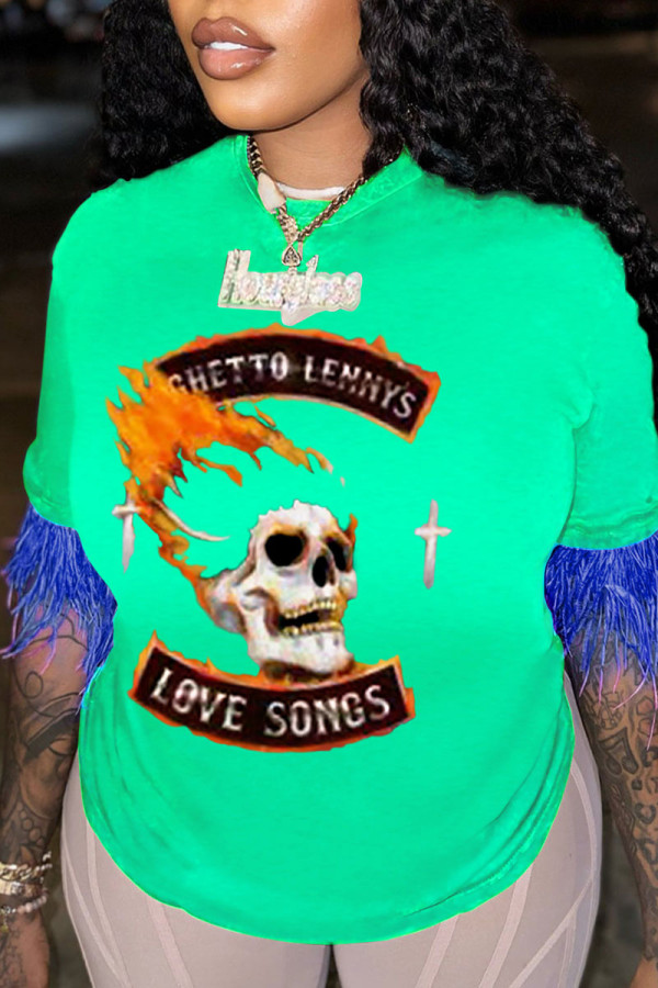 Light Green Casual Street Print Tassel Patchwork O Neck T-Shirts