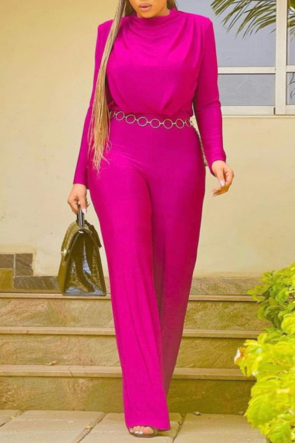 Rose Red Casual Solid Patchwork O Neck Straight Jumpsuits(Without Belt)