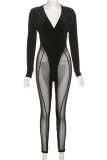 Red Fashion Sexy Solid Patchwork See-through V Neck Skinny Jumpsuits