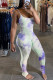 White and blue Fashion street Tie-dyed Draped Sleeveless Slip Jumpsuits