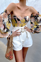 Yellow Black Fashion Print Patchwork Off the Shoulder Tops