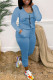 Light Blue Casual Print Bandage Patchwork O Neck Regular Jumpsuits
