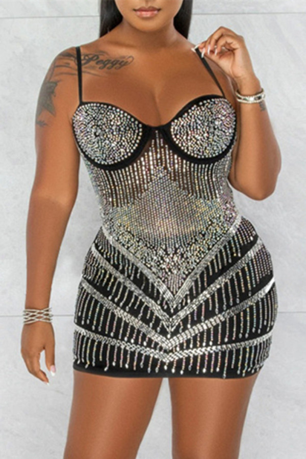 Black Fashion Sexy Patchwork Hot Drilling Backless Spaghetti Strap Sleeveless Dress