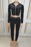 Black Sportswear Solid Patchwork Hooded Collar Long Sleeve Two Pieces