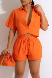 Orange Casual Solid Patchwork Buckle Turndown Collar Short Sleeve Two Pieces