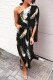 Black Fashion Casual Print Patchwork Slit Oblique Collar Irregular Dress