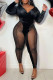 Black Fashion Sexy Solid Patchwork See-through V Neck Skinny Jumpsuits