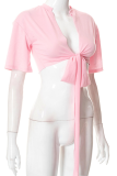 Pink Casual Solid Bandage V Neck T-Shirts