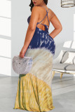 Turquoise Sexy Print Patchwork Spaghetti Strap Straight Dresses