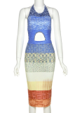 Blue Sexy Patchwork Hollowed Out Halter Pencil Skirt Dresses