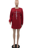 Red Casual Print Patchwork O Neck Straight Dresses