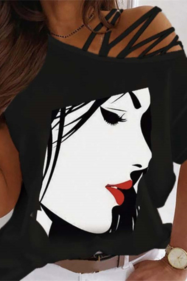 Black White Fashion Casual Print Basic Oblique Collar T-Shirts