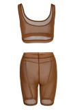 Brown Sexy Solid Patchwork See-through U Neck Sleeveless Two Pieces