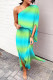 Green Fashion Casual Print Patchwork Slit Oblique Collar Irregular Dress