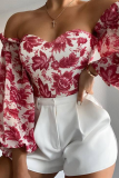 Fuchsia Fashion Print Patchwork Off the Shoulder Tops